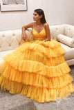 Princess V Neck Tulle Layered Long Prom Dress, Layered Yellow Formal Evening GP428