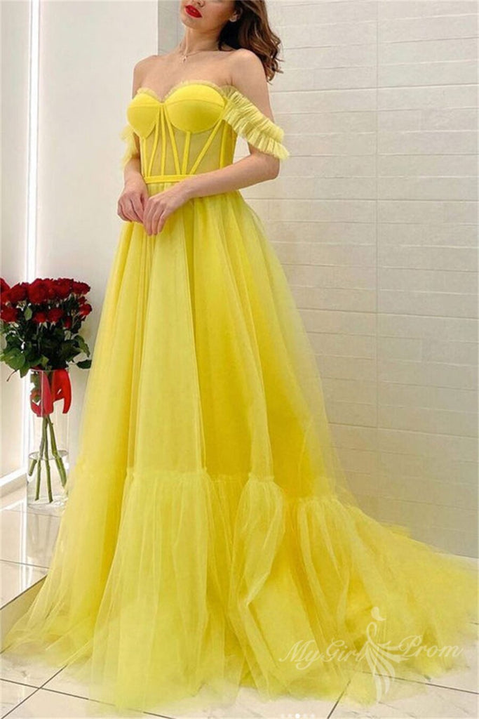 princess yellow off the shoulder tulle long prom dress evening dress