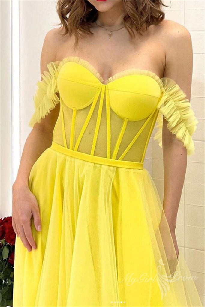 princess yellow off the shoulder tulle long prom dress evening dress