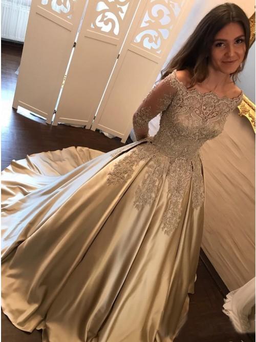 princess ball gown long sleeves prom dress with appliques beading
