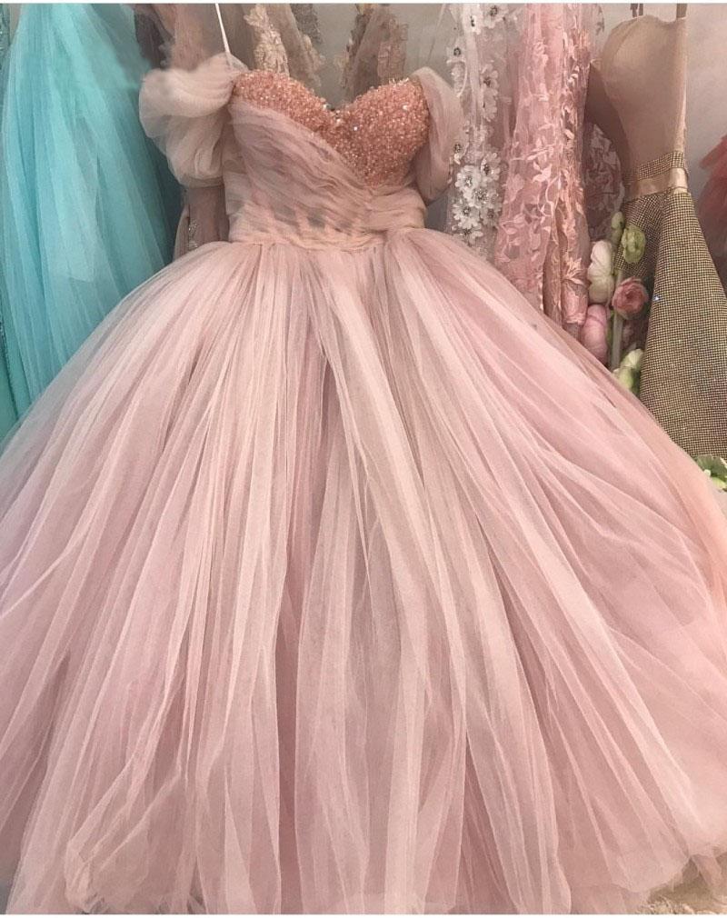 princess ball gown pink tulle off the shoulder beaded homecoming dresses with bowknot