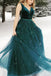 princess ball gown v neck dark green backless long prom dress
