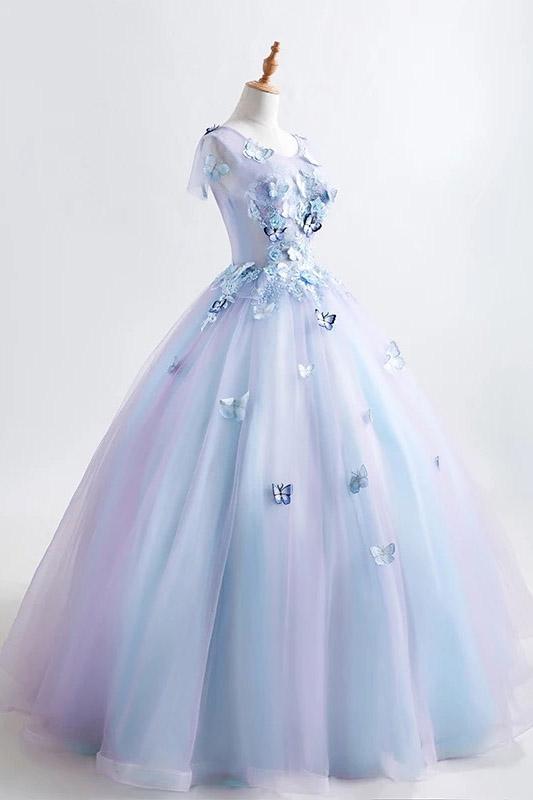 princess blue quinceanera dress 3d butterfly floral applique prom ball gown mp838