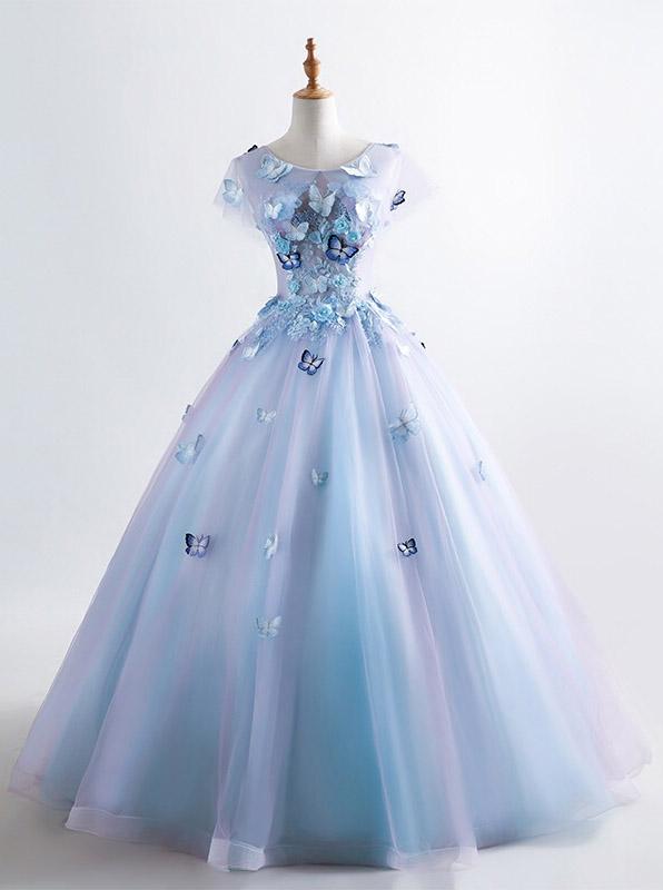 princess blue quinceanera dress 3d butterfly floral applique prom ball gown