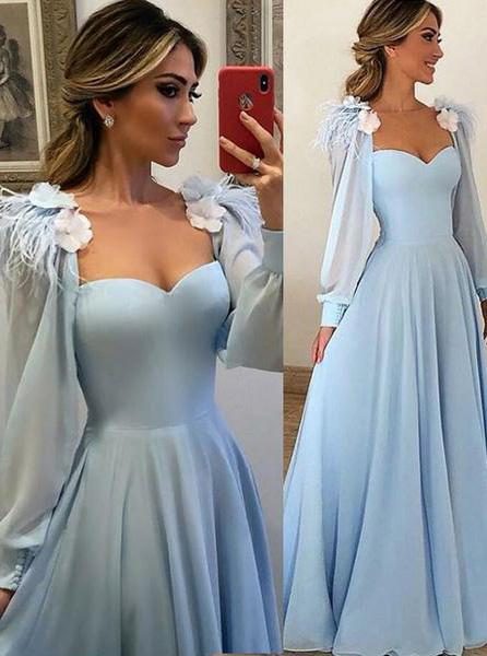 Disney Princess Blue Sweetheart Long Puff Sleeves With Floral Appliques Prom Evening Dress MP939
