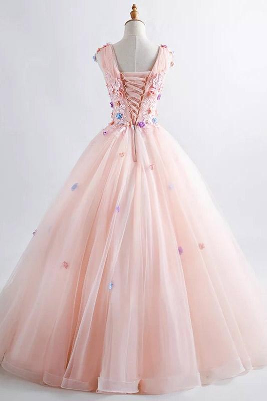 princess blush ball gown 3d floral applique v neck prom quinceanera dress mp839