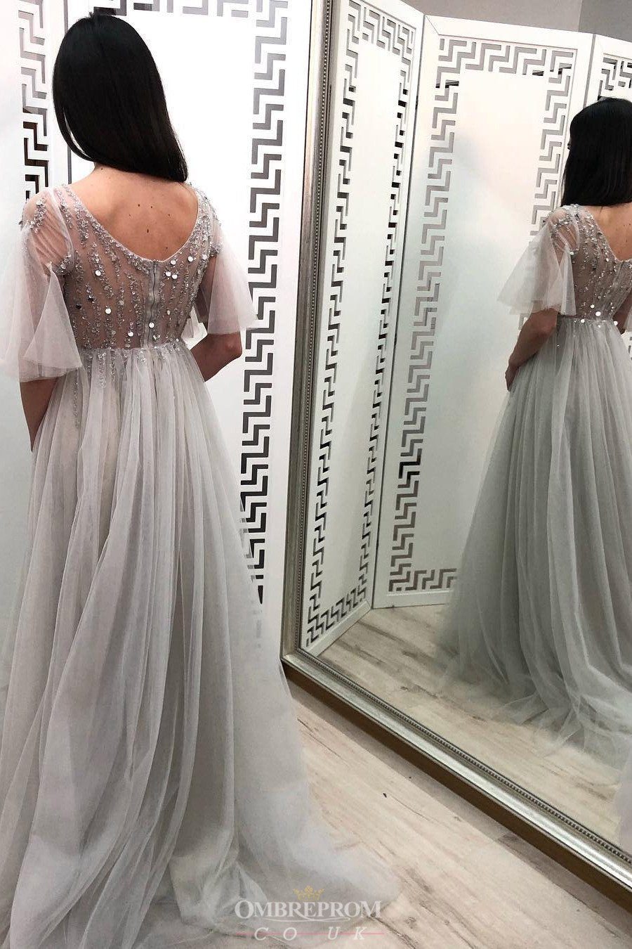 princess long prom dress with half sleeves v neck beaded party gown