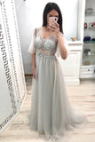 princess long prom dress with half sleeves v neck beaded party gown