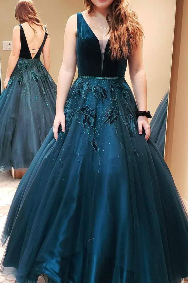 princess ball gown v neck dark green backless long prom dress