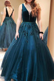 princess ball gown v neck dark green backless long prom dress mp834