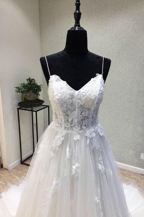 princess spaghetti straps lace tulle lace up beach wedding dress pw270