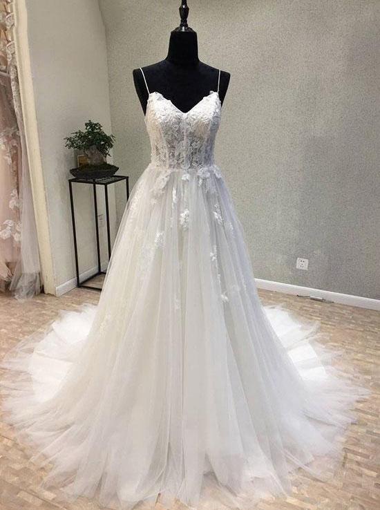 princess spaghetti straps lace tulle lace up beach wedding dress
