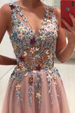 princess v neck floral beading appliques pink long prom dress mp940