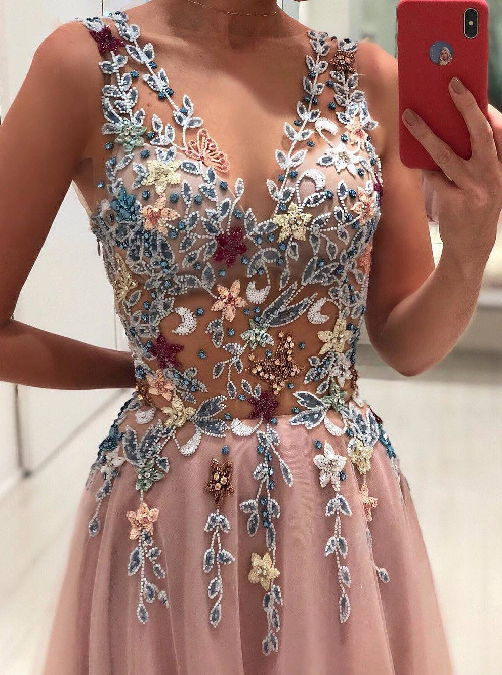 princess v neck floral beading appliques pink long prom dress mp940