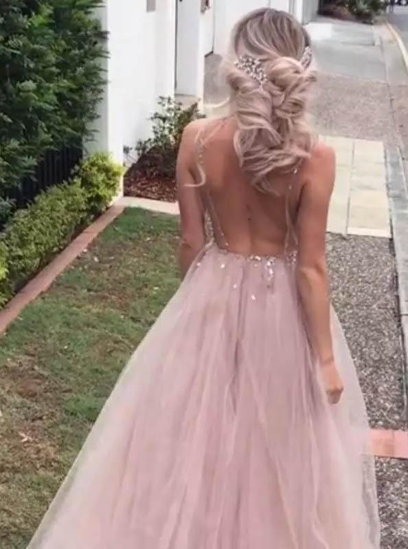 princess tulle long prom dresses v neck lace backless formal evening dress