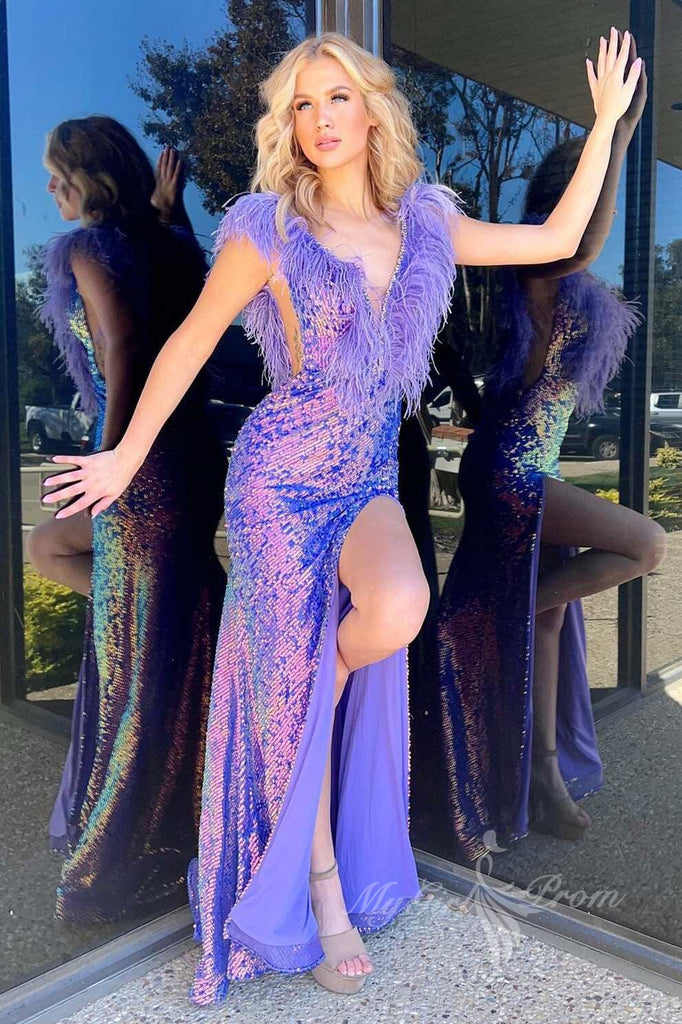 purple iridescent sequin feather long prom dress evening gown with slit