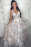 Stylish V neck Tulle Long Prom Dresses With Apliques, Princess Graduation Gown GP298