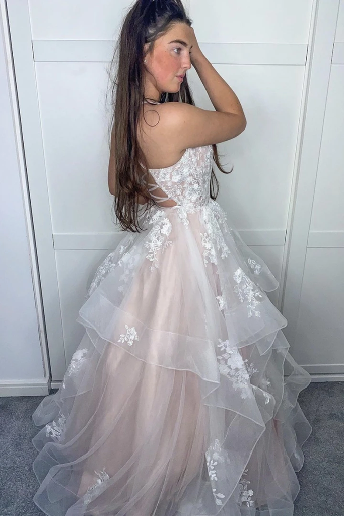 stylish v neck tulle long prom dresses with apliques princess graduation gown