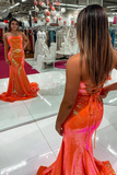 Spaghetti Straps Orange Mermaid Long Evening Dress, Sparkly Prom Dresses GP375