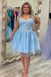 a line light blue appliques plus size short homecoming dress