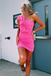 one shoulder bow front hot pink short tight homecoming dress