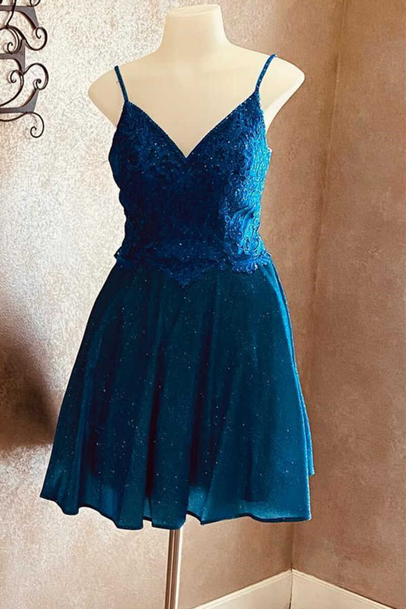 Glitter Blue Spaghetti Straps V-Neck A-Line Short Homecoming Dress GM573