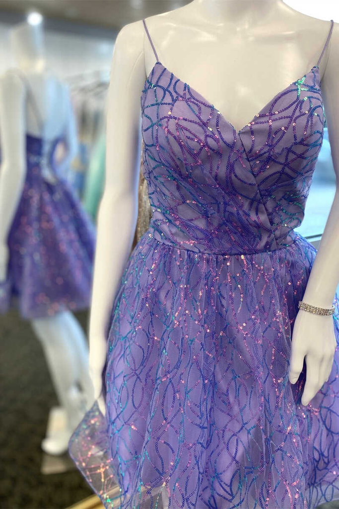 purple sequin v neck spaghetti straps a line short homecoming dresses