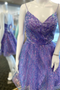 Purple Sequin V-Neck Spaghetti Straps A-Line Short Homecoming Dresses GM594