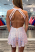 scoop halter neck pink sequins homecoming dress with open back