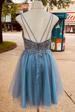 charming blue sequins plunge neck a line tulle short homecoming dress