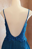 glitter blue spaghetti straps v neck a line short homecoming dress