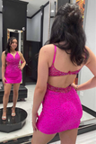 Hot Pink Beaded V-Neck Backless Mini Tight Homecoming Dresses GM576