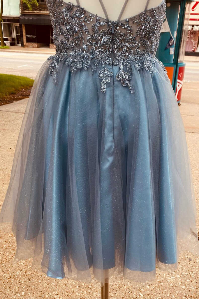 charming blue sequins plunge neck a line tulle short homecoming dress