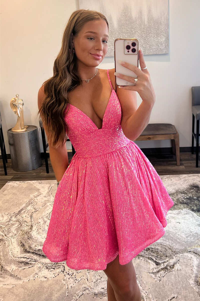 a line hot pink sequin v neck short party dress homecoming dress
