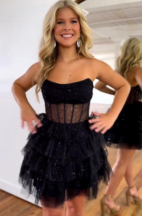 strapless sequin black tulle homecoming dresses ruffles with sheer corset party dress
