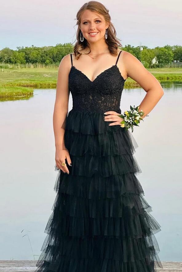 Straps Black Prom Dress with Sheer Corset Bodice, Tiered Formal Gown GP613