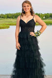 straps black prom dress with sheer corset bodice tiered formal gown