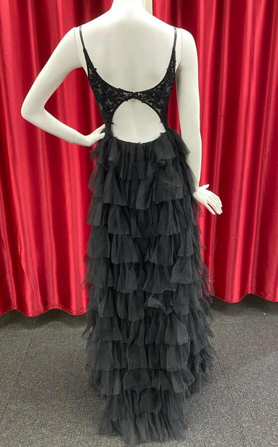 straps black prom dress with sheer corset bodice tiered formal gown