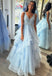 a line v neck tulle sky blue long prom dress with lace appliques
