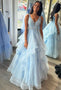 A-line V-neck Tulle Sky Blue Long Prom Dress with Lace Appliques GP615
