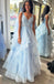 a line v neck tulle sky blue long prom dress with lace appliques