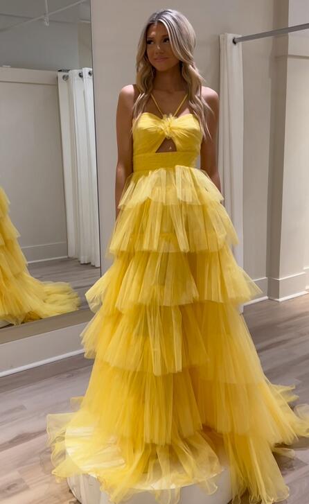 unique yellow tulle keyhole long prom dress with layered tiered formal gown