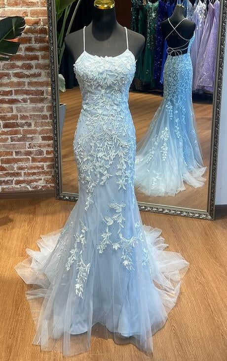 straps mermaid lace appliques sky blue long prom dresses tulle party gown