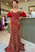 pink off the shoulder puff sleeves sequins long prom dress mermaid evening gown