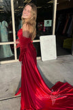 red sweetheart slit satin long prom dresses with detachable feathers sleeves