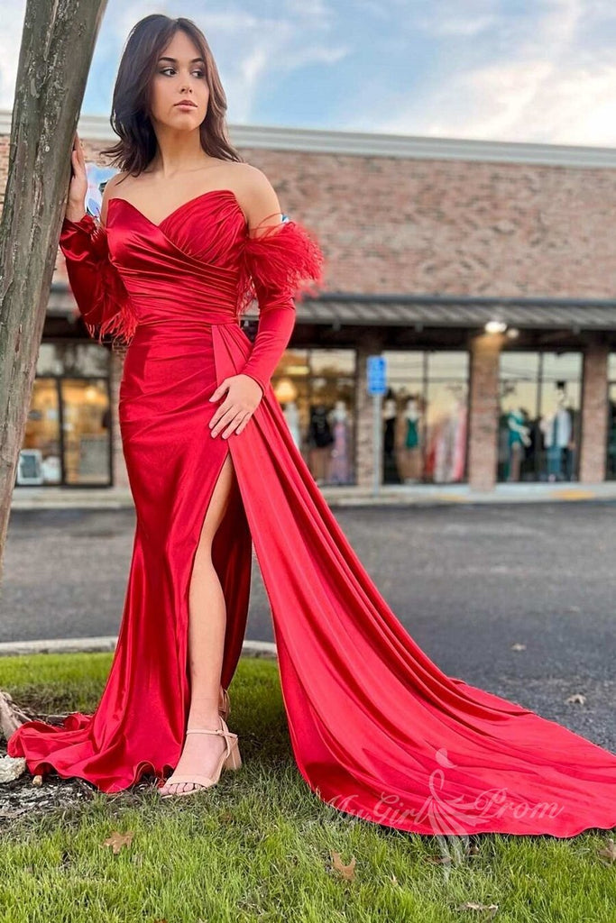red sweetheart slit satin long prom dresses with detachable feathers sleeves