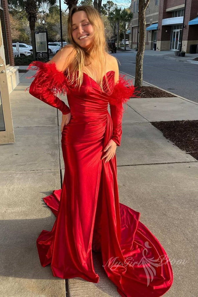 red sweetheart slit satin long prom dresses with detachable feathers sleeves