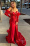 Red Sweetheart Slit Satin Long Prom Dresses with Detachable Feathers Sleeves GP483