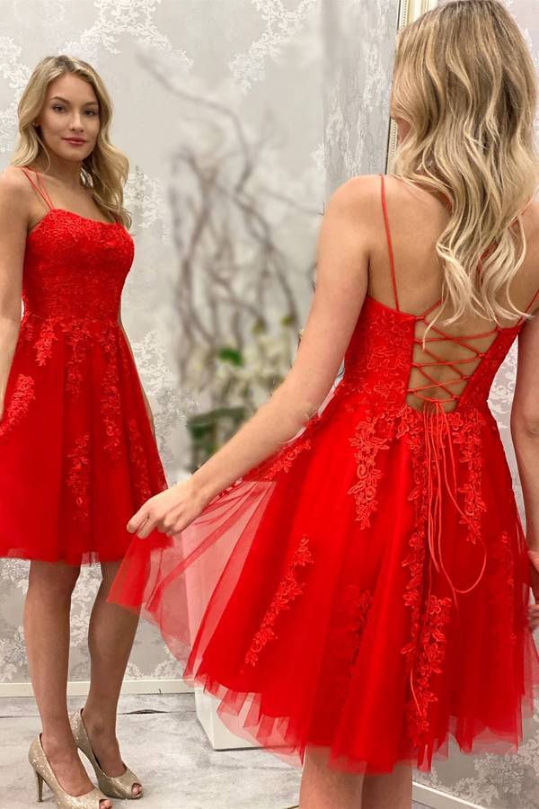 red lace applique spaghetti straps homecoming dresses red tulle short prom dress