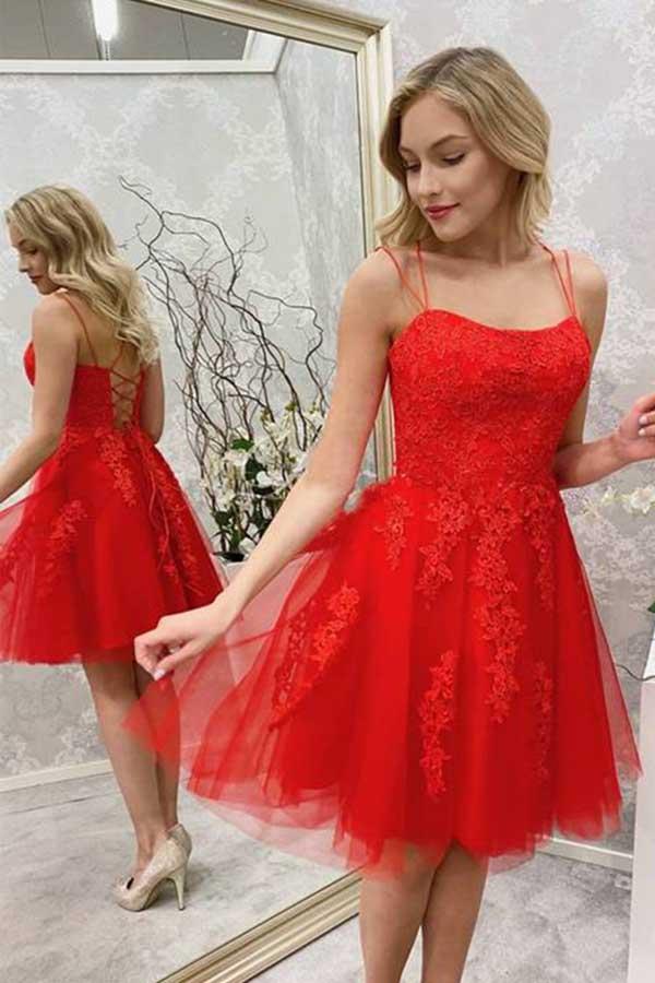 red lace applique spaghetti straps homecoming dresses red tulle short prom dress